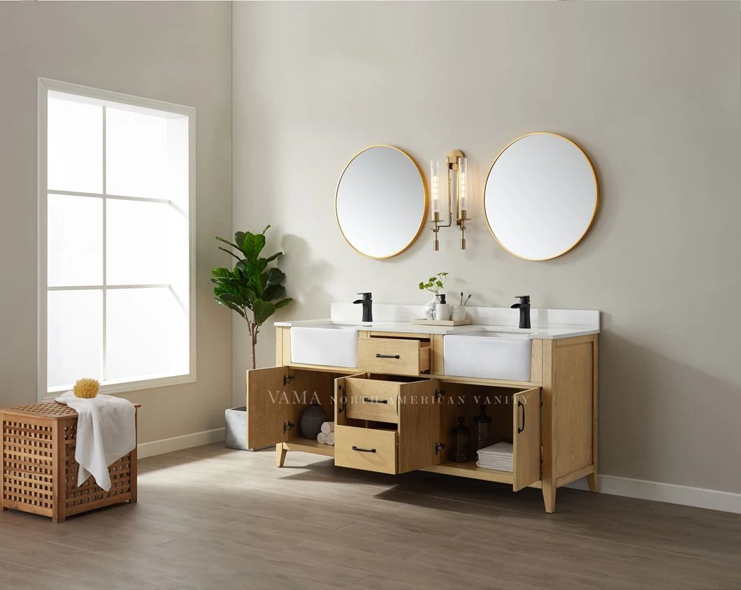 Vama 72 Inch New Design Hot Selling Farmhouse Bathroom Furniture with Double Basins and Aluminum Round Mirror B97072wa