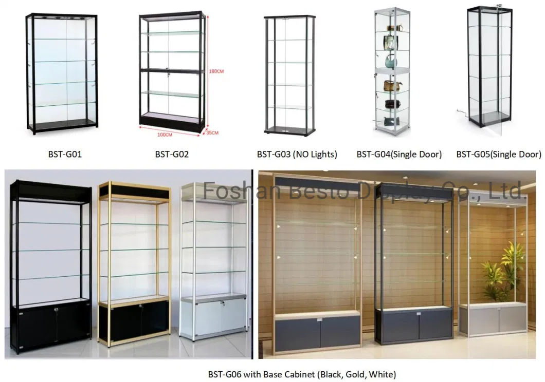 Glass Display Cabinet with Sliding Door and Adjustable Tempered Glass Shelf, LED Downlights, LED Side Lights for Vape Store, Smoke Shop.