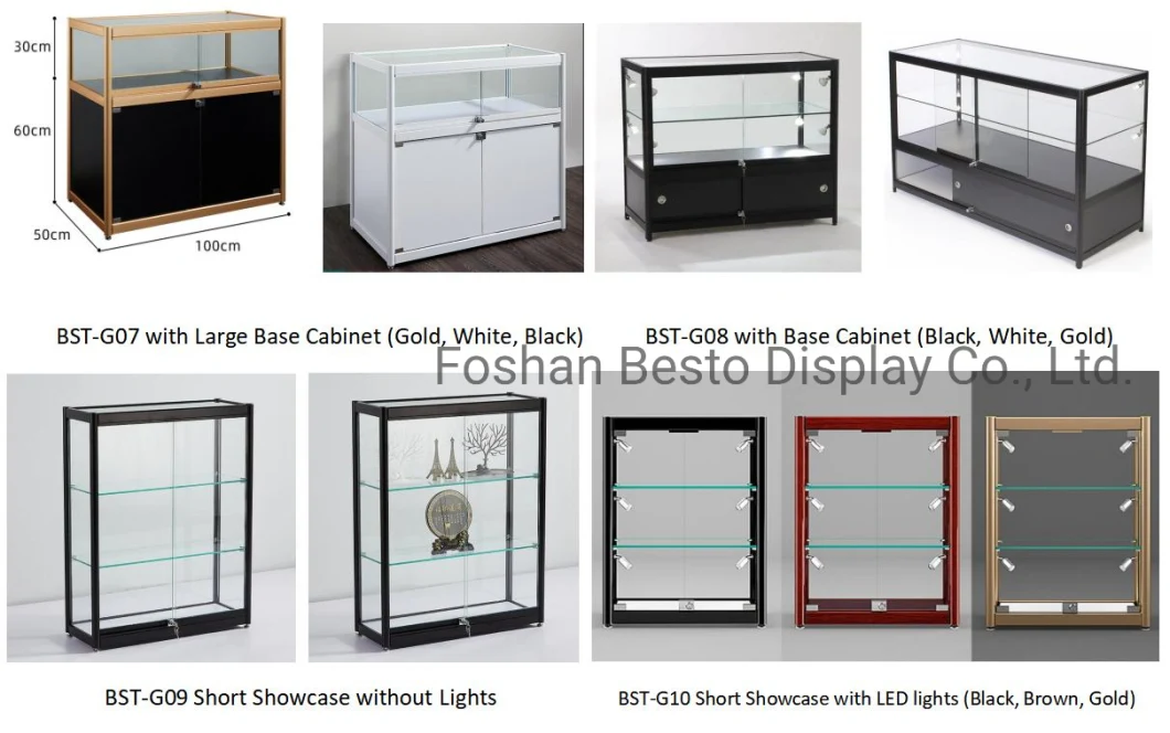 Glass Display Cabinet with Sliding Door and Adjustable Tempered Glass Shelf, LED Downlights, LED Side Lights for Vape Store, Smoke Shop.