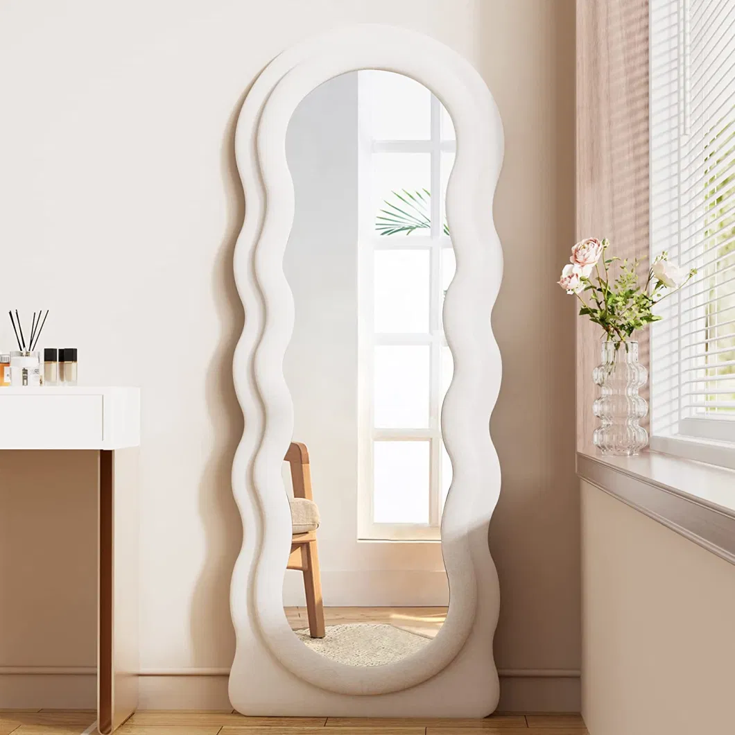 Wall Decorative Irregular Wave Shape Full Length Standing Mirror with Flannel Frame