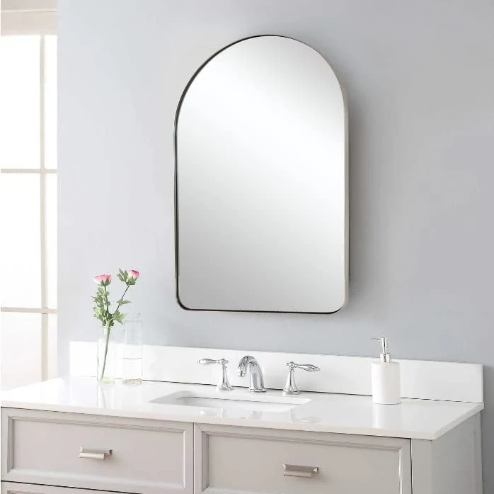 Chrome Mirror Arch Mirror in Stainless Steel Metal Frame, Chrome Arched Bathroom Mirror, Arch Top Rounded Corner 1&quot; Deep Set Design Wall Mount Hangs Vertically