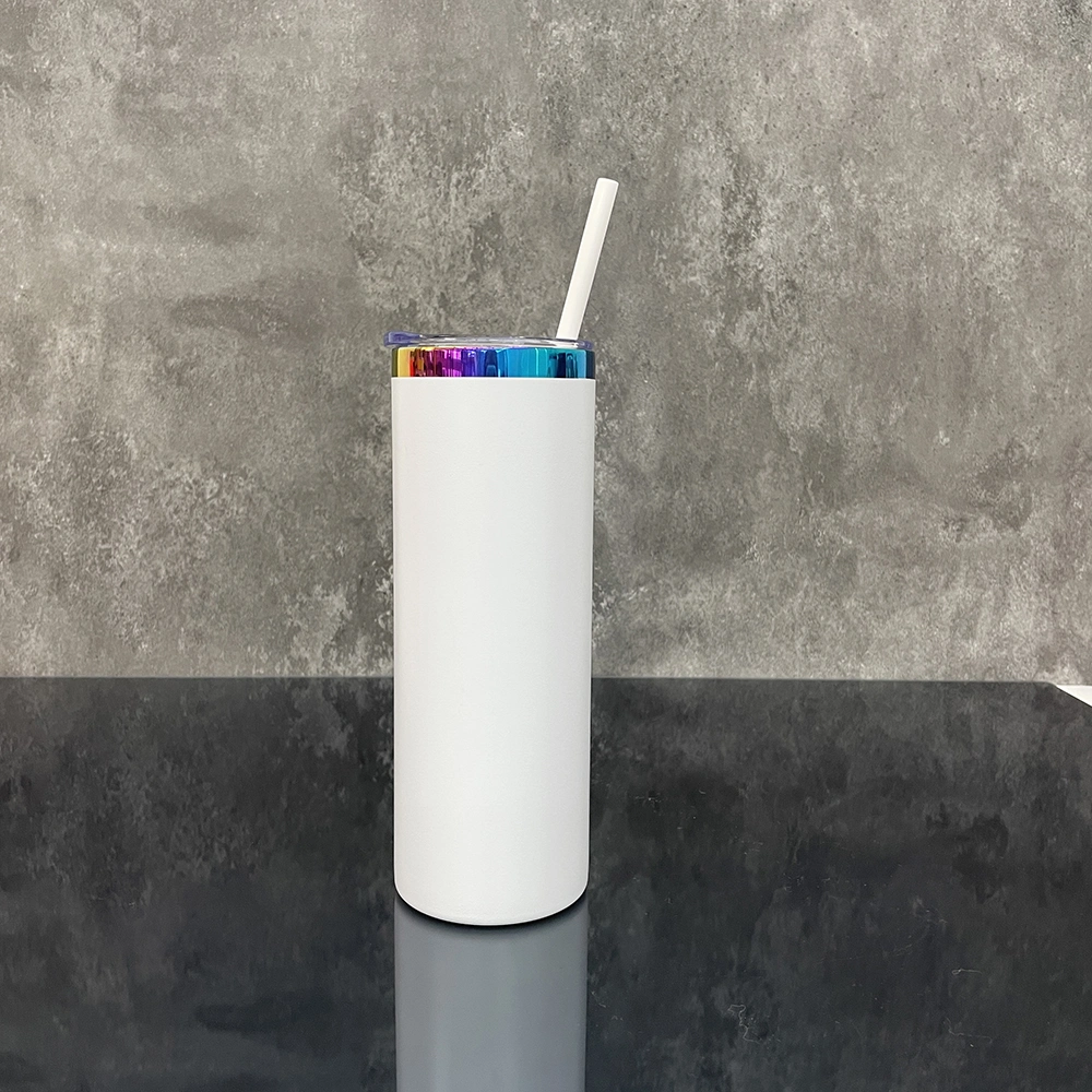 Wholesale Bulk 20oz Colorful Vacuum Insulated Vacuum Insulated Powder Coated Mirror Rainbow Plated Underneath Skinny Straight Tumbler for Laser Engrave