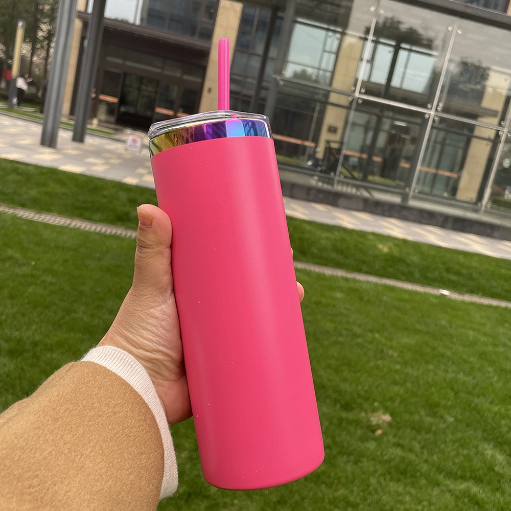 Wholesale Bulk Glossy Mirror Vacuum Insulated 20oz Rainbow Plated Skinny Straight Tumbler with Colored Straw for Laser Engraving