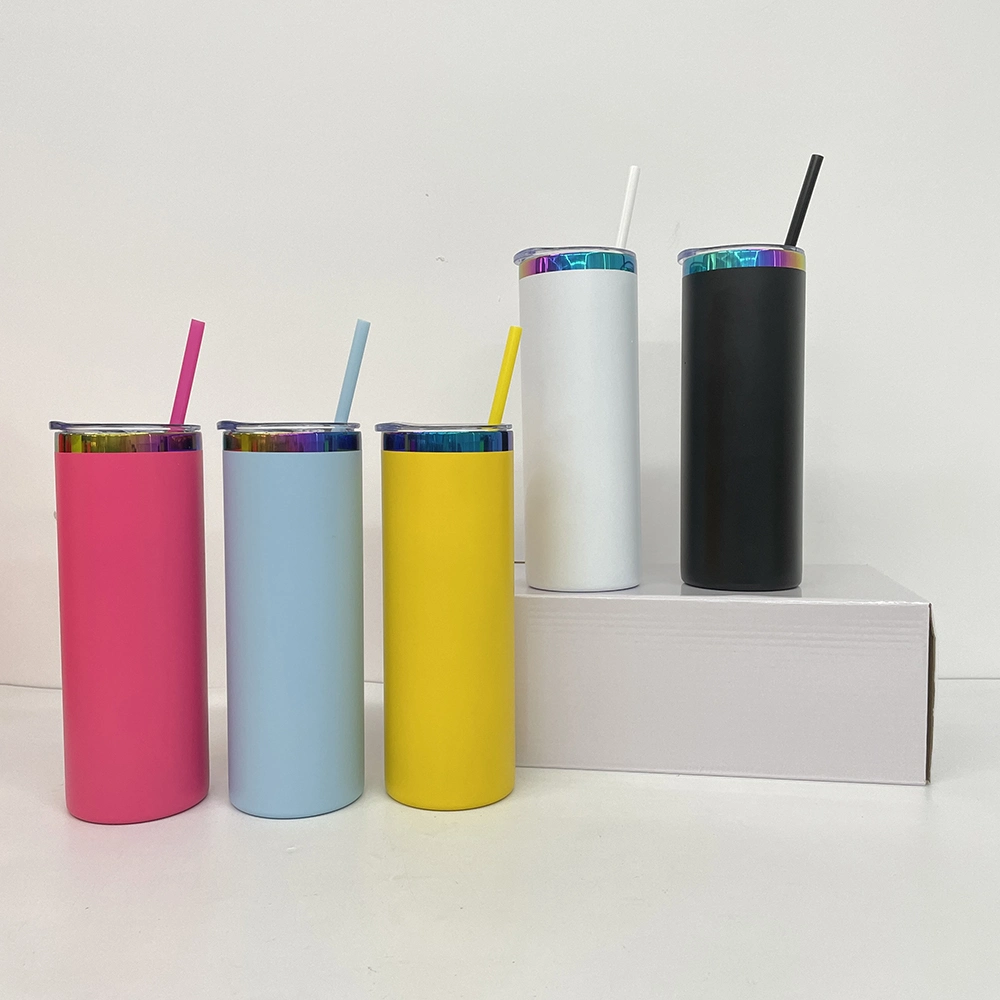 Wholesale Bulk 20oz Colorful Vacuum Insulated Vacuum Insulated Powder Coated Mirror Rainbow Plated Underneath Skinny Straight Tumbler for Laser Engrave