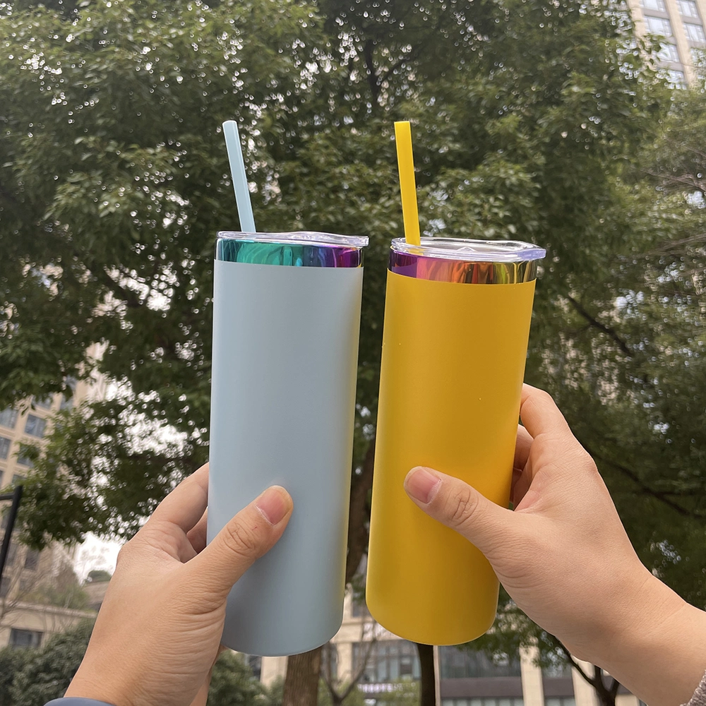 Wholesale Bulk Glossy Mirror Vacuum Insulated 20oz Rainbow Plated Skinny Straight Tumbler with Colored Straw for Laser Engraving