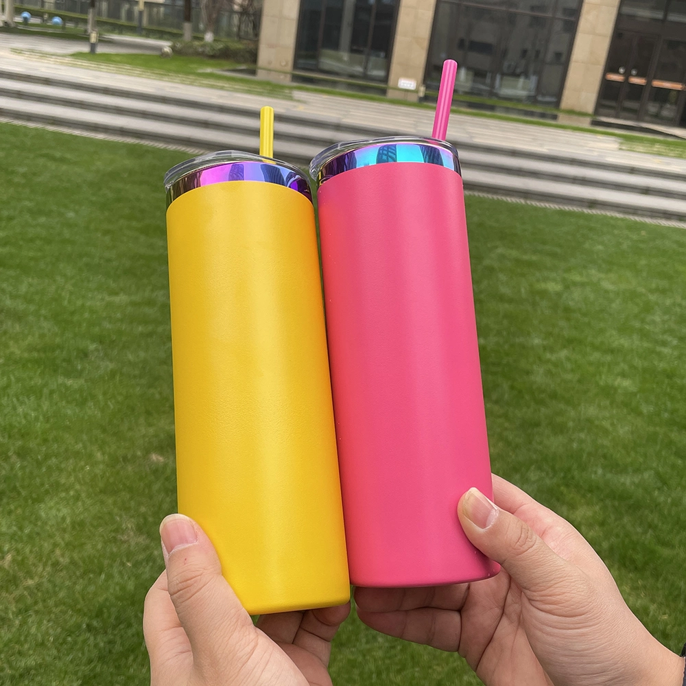 Wholesale Bulk Glossy Mirror Vacuum Insulated 20oz Rainbow Plated Skinny Straight Tumbler with Colored Straw for Laser Engraving