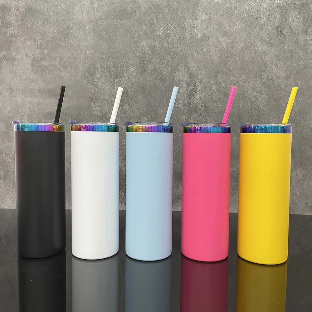 Wholesale Bulk 20oz Colorful Vacuum Insulated Vacuum Insulated Powder Coated Mirror Rainbow Plated Underneath Skinny Straight Tumbler for Laser Engrave