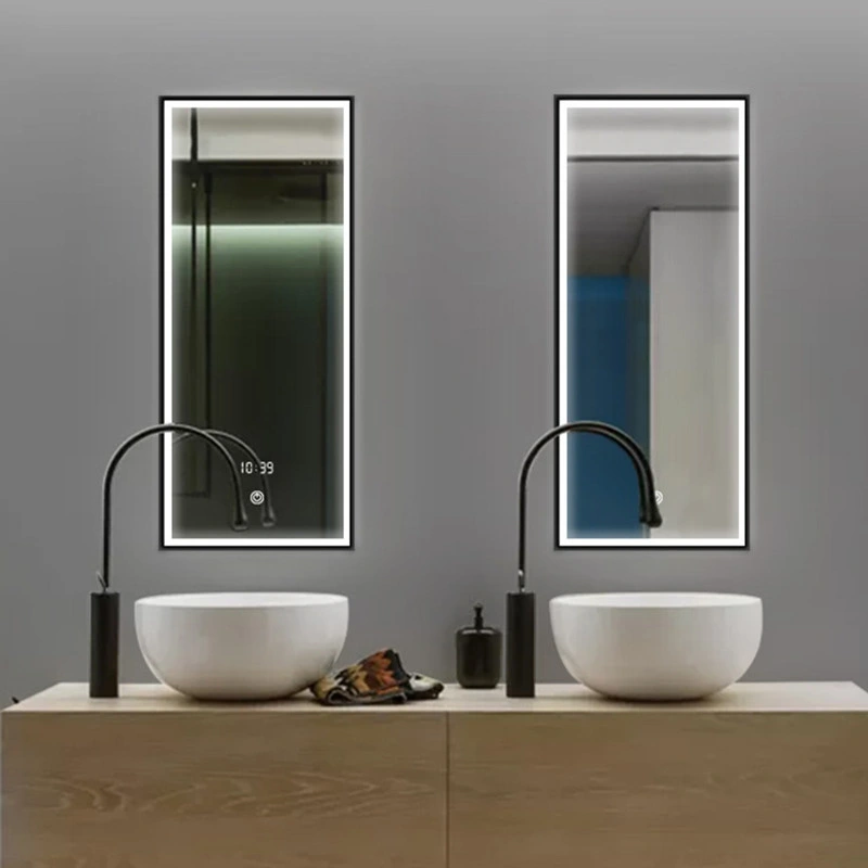 Hotel/Restuarant Project Black Aluminum Frame Bathroom Furniture Rectangle Bath Vanity LED Light Fogproof Intelligent Mirror with Touch Sensor/Anti-Fog