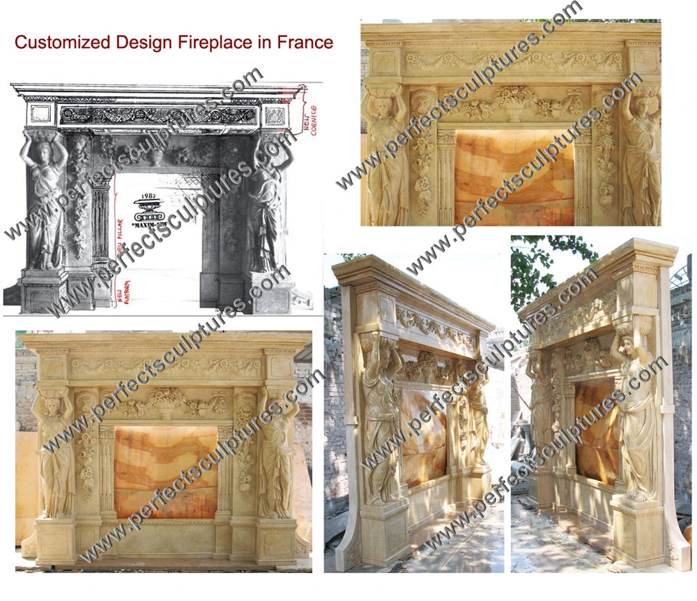 Luxury Hand Carved Double Layer Stone Marble Fireplace with Mirror (QY-LS324)