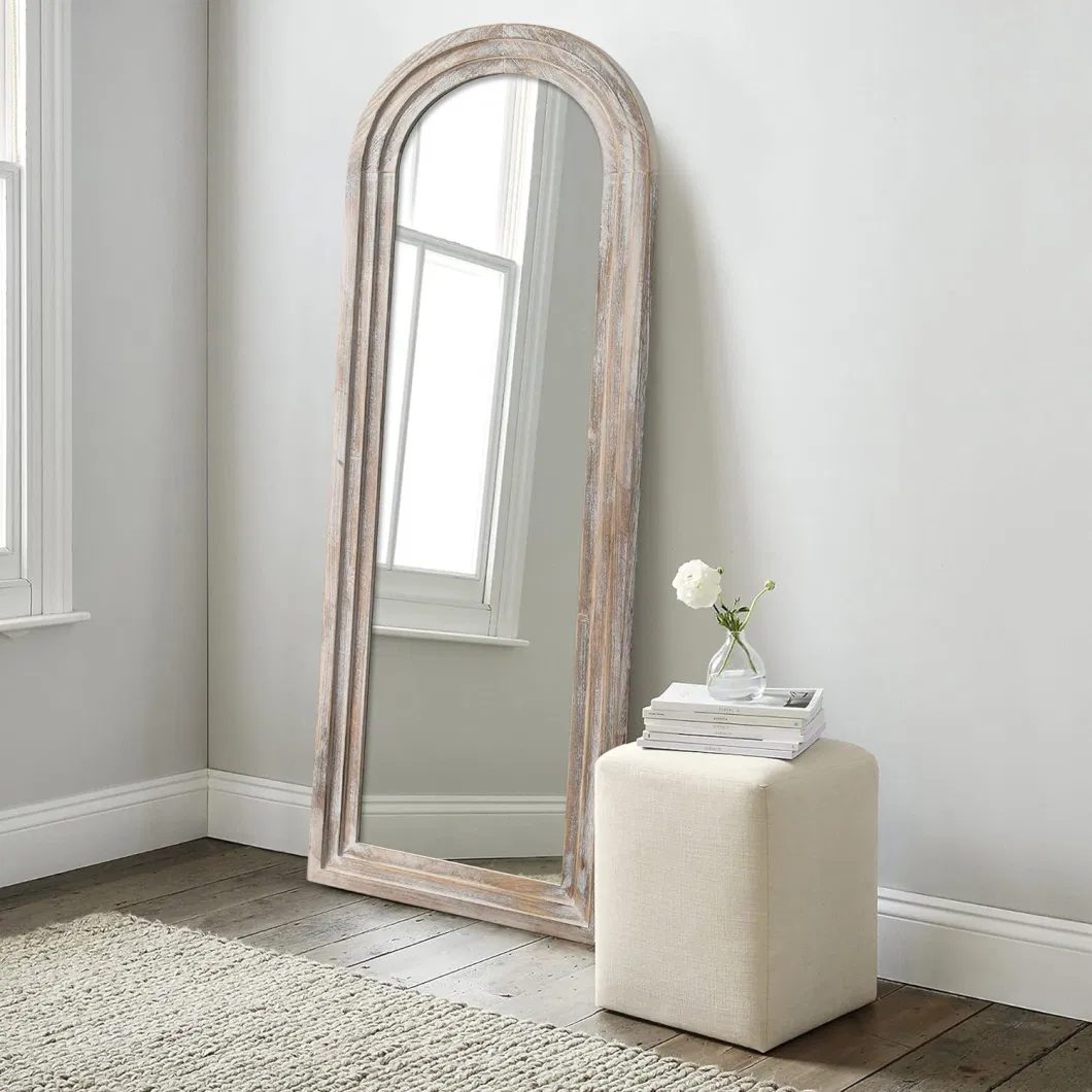 Distressed Wooden Framed Arched Floor Mirror - Wall-Mounted Dressing Makeup Mirror for Home Decoration - Ideal for Bathroom, Bedroom, Living Room, or Entryway