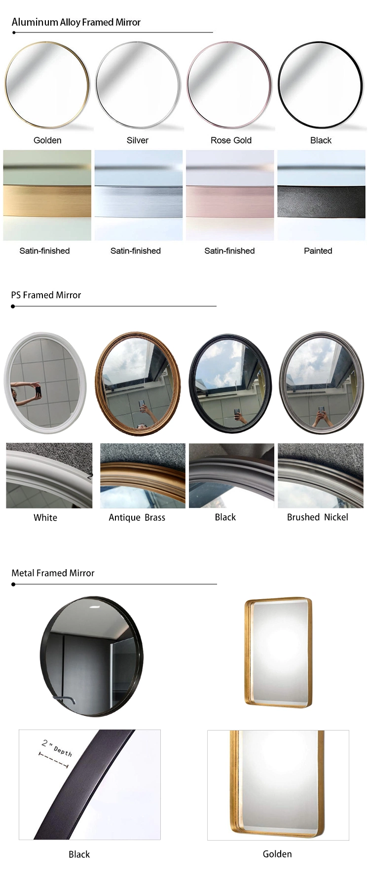 Jh Glass Round Wall Mounted Home Hotel Decoration Vanity Mirror Black White Gold Bronze Aluminum Alloy Frame Make up Bathroom Furniture