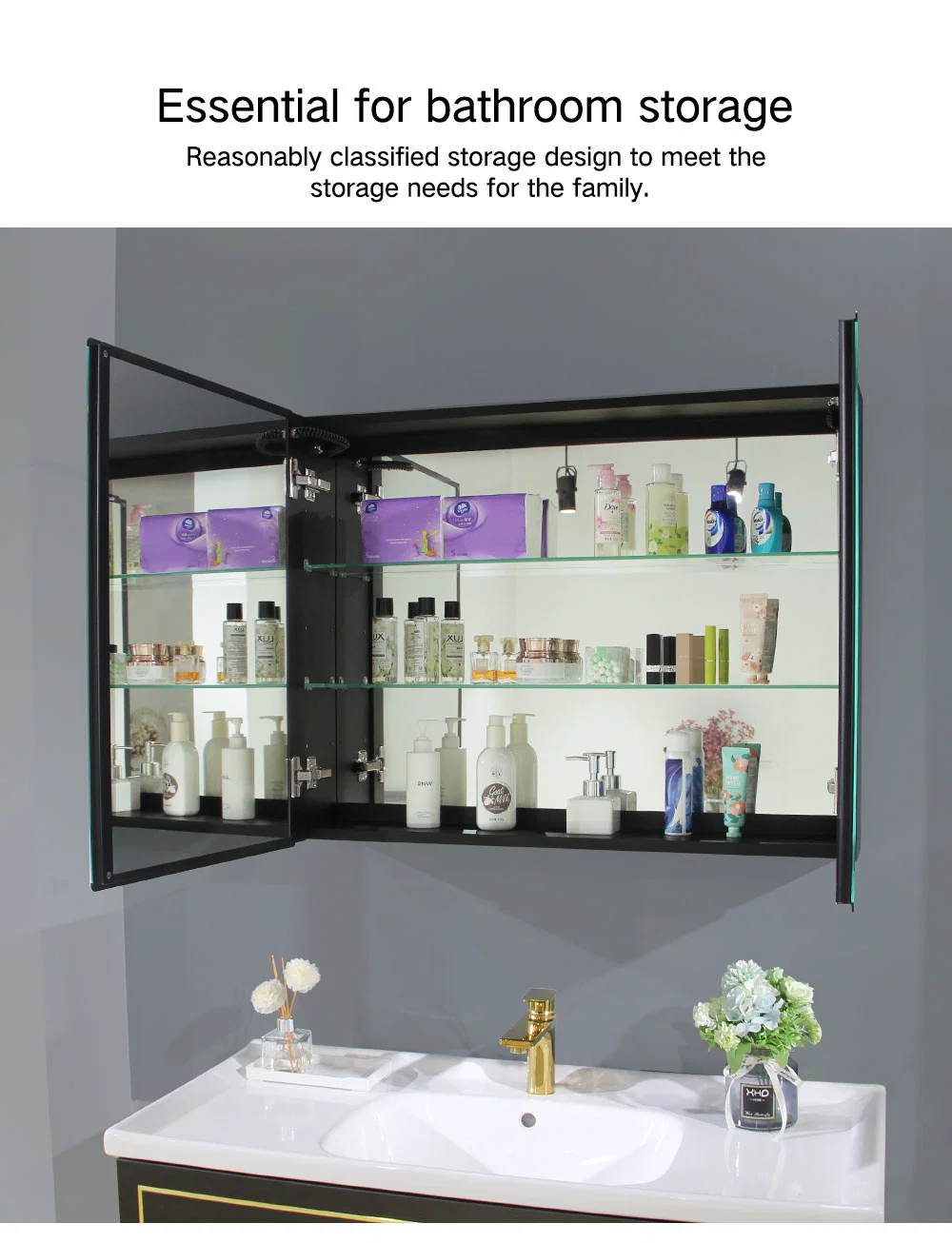 New Design Anti-Fog Bathroom Mirror Cabinet with LED Light and Shelf Storage