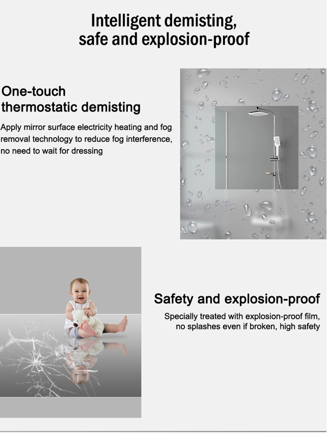 Frameless Touch Sensor Bluetooth Decorative Wall Mounted Smart Bathroom Half Moon Mirror with LED Light