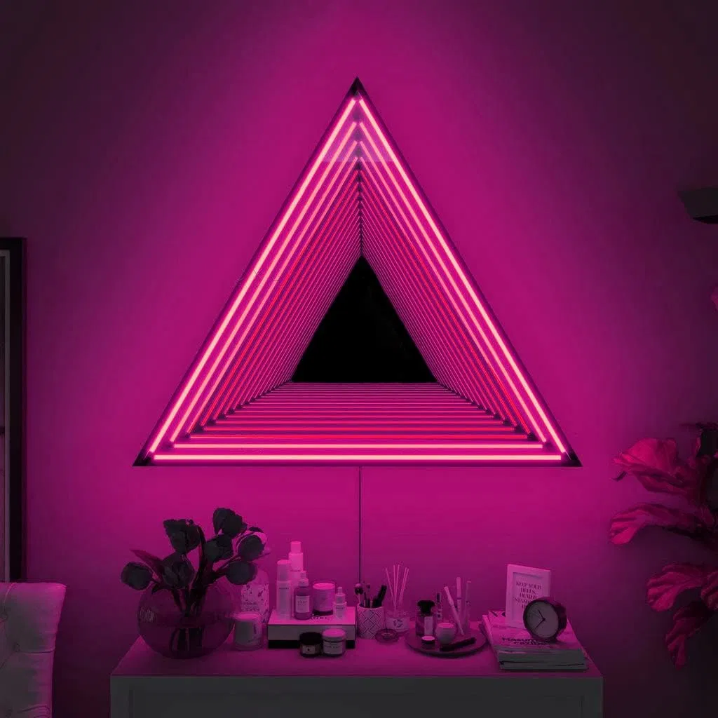 Infinity Triangle Mirror - LED Infinity Mirror Wall Lamp, Geometric RGB Colour Changing Wall Decor, 3D Tunnel Magical Lighting, Holographic Portal