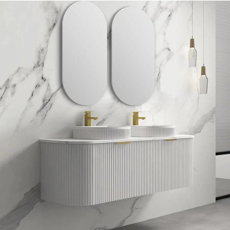 Modern Luxury Fluted Curved Double Sink Floating Cabinet Wall Mount Bathroom Vanity with Sink