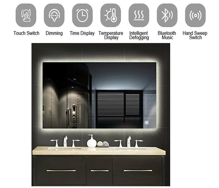 Fogless Dimmable Color Temperature Adjustable Rectangle LED Mirror with Modern Touch Control