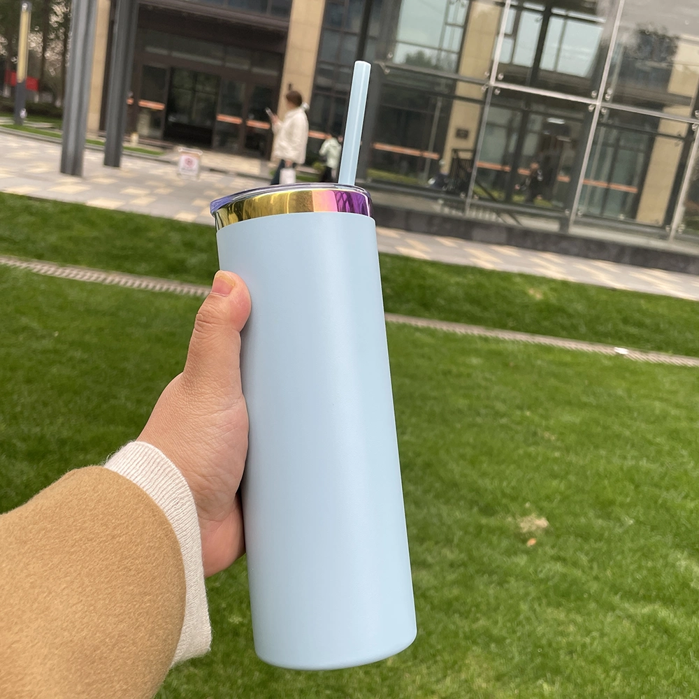 Wholesale Bulk Glossy Mirror Vacuum Insulated 20oz Rainbow Plated Skinny Straight Tumbler with Colored Straw for Laser Engraving