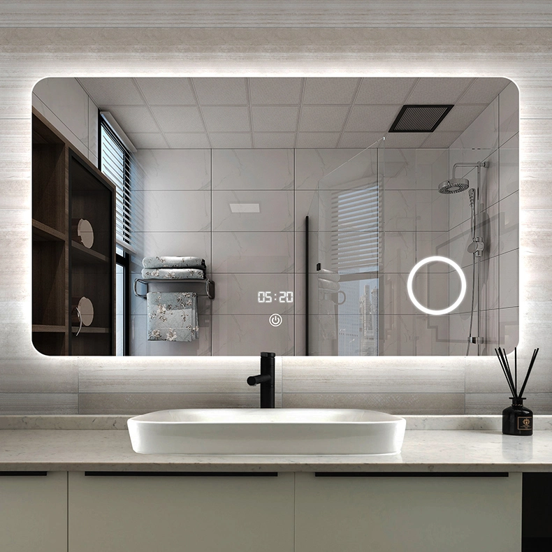 Hospitality Advanced Salon Luxury Bath Furniture Illuminated Backlit Wall LED Mirror with Digital Clock Magnifier