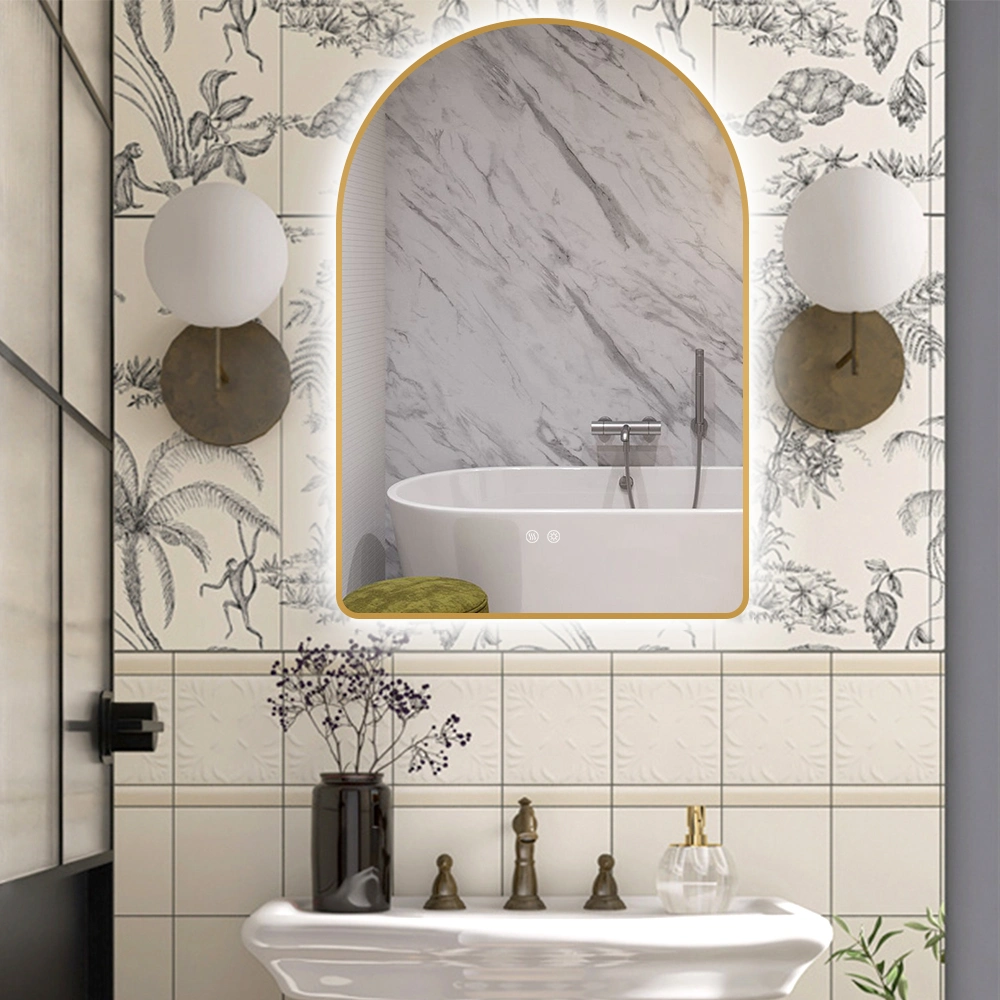 Mirror for Bathroom, Polished Arched Golden Wall Mirror for Bathroom with LED Light Wall Mounted for Home, Living Room