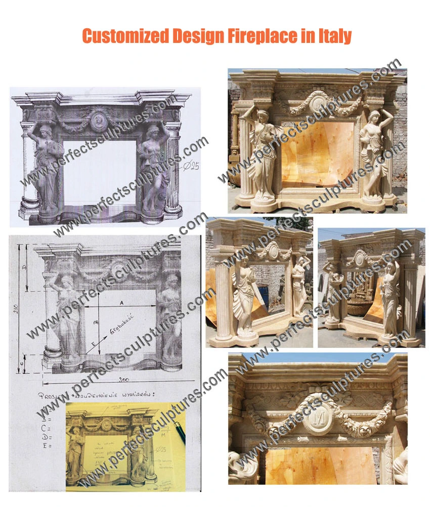 Luxury Hand Carved Double Layer Stone Marble Fireplace with Mirror (QY-LS324)