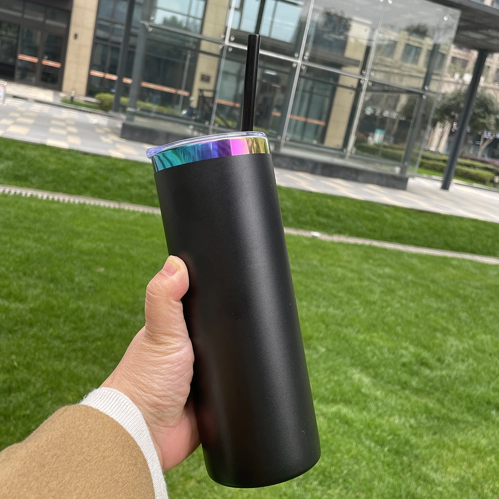 Wholesale Bulk Glossy Mirror Vacuum Insulated 20oz Rainbow Plated Skinny Straight Tumbler with Colored Straw for Laser Engraving