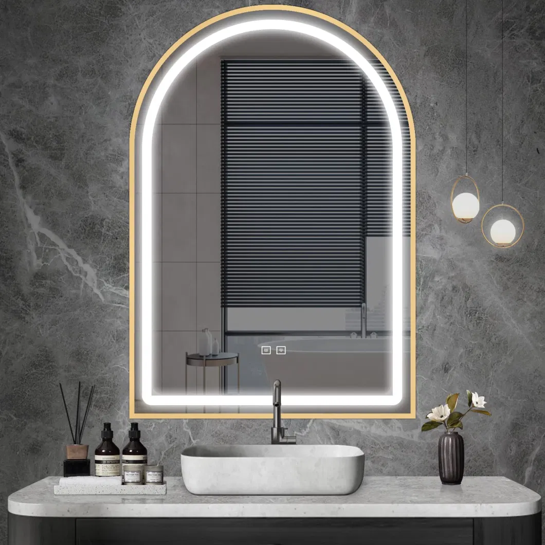 Bathroom Mirror with Lights Golden Bathroom Mirrors for Vanity Dimmable Lighted Anti-Fog Shatter-Proof Golden Aluminum Large Arched Mirror