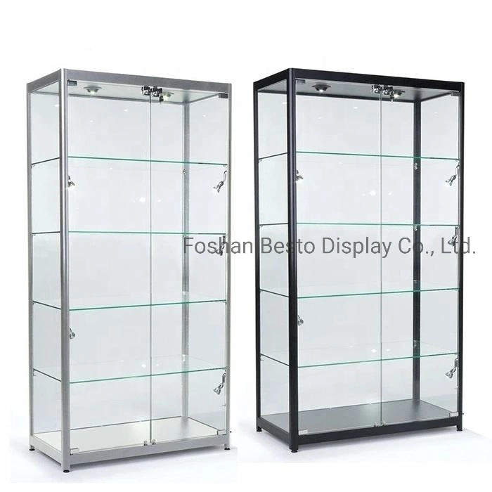Glass Display Cabinet with Sliding Door and Adjustable Tempered Glass Shelf, LED Downlights, LED Side Lights for Vape Store, Smoke Shop.
