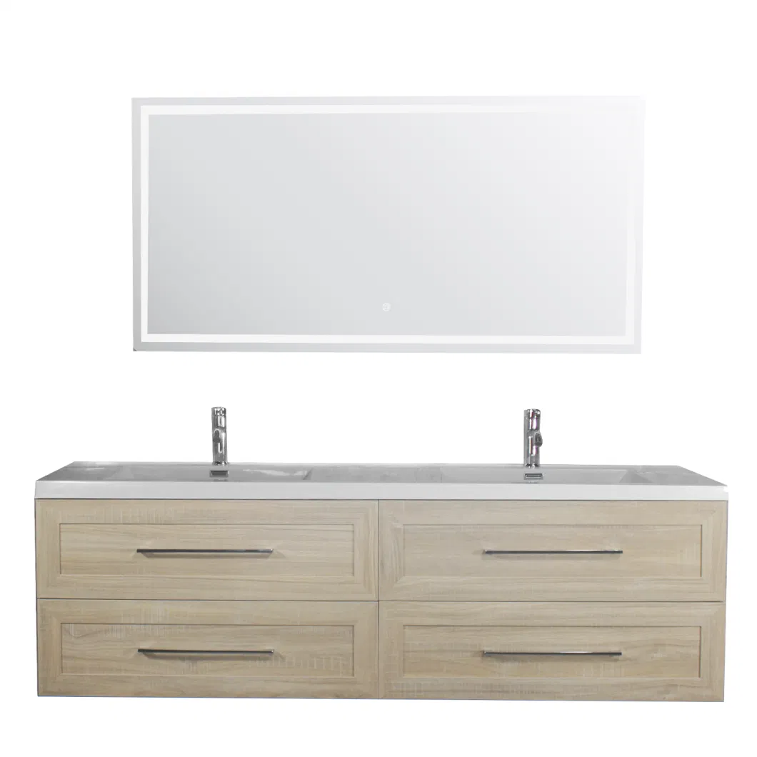 60 Inch Modern Bathroom White High Gloss Painting Plywood Wall Mounted Vanity Unit Cabinet Furniture with LED Mirror