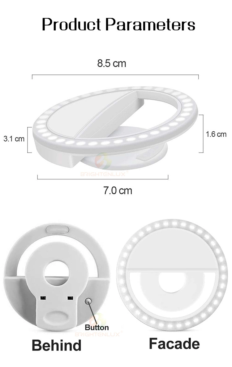 Brightenlux White Color Clip Phone Sefile Ring Lamp, 36PCS LED Round Shape Portable Rechargeable Photo Studio Mini Makeup Ring Light Fro Living Show