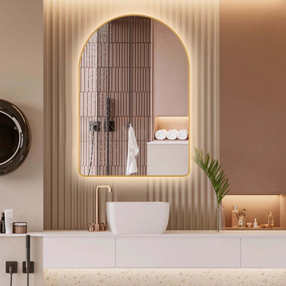 Mirror for Bathroom, Polished Arched Golden Wall Mirror for Bathroom with LED Light Wall Mounted for Home, Living Room