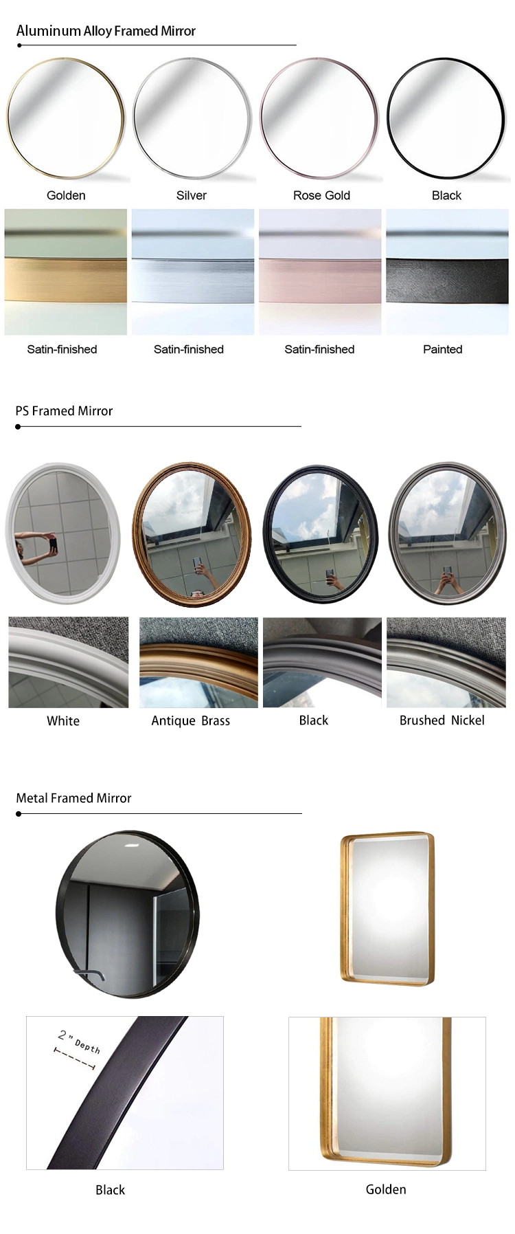 Wholesale Price Frame Frameless Arched Rectangle Round White Metal Wall Mirror LED Mirror Horizontal/Vertical Bathroom Furniture Beveled Salon Mirror