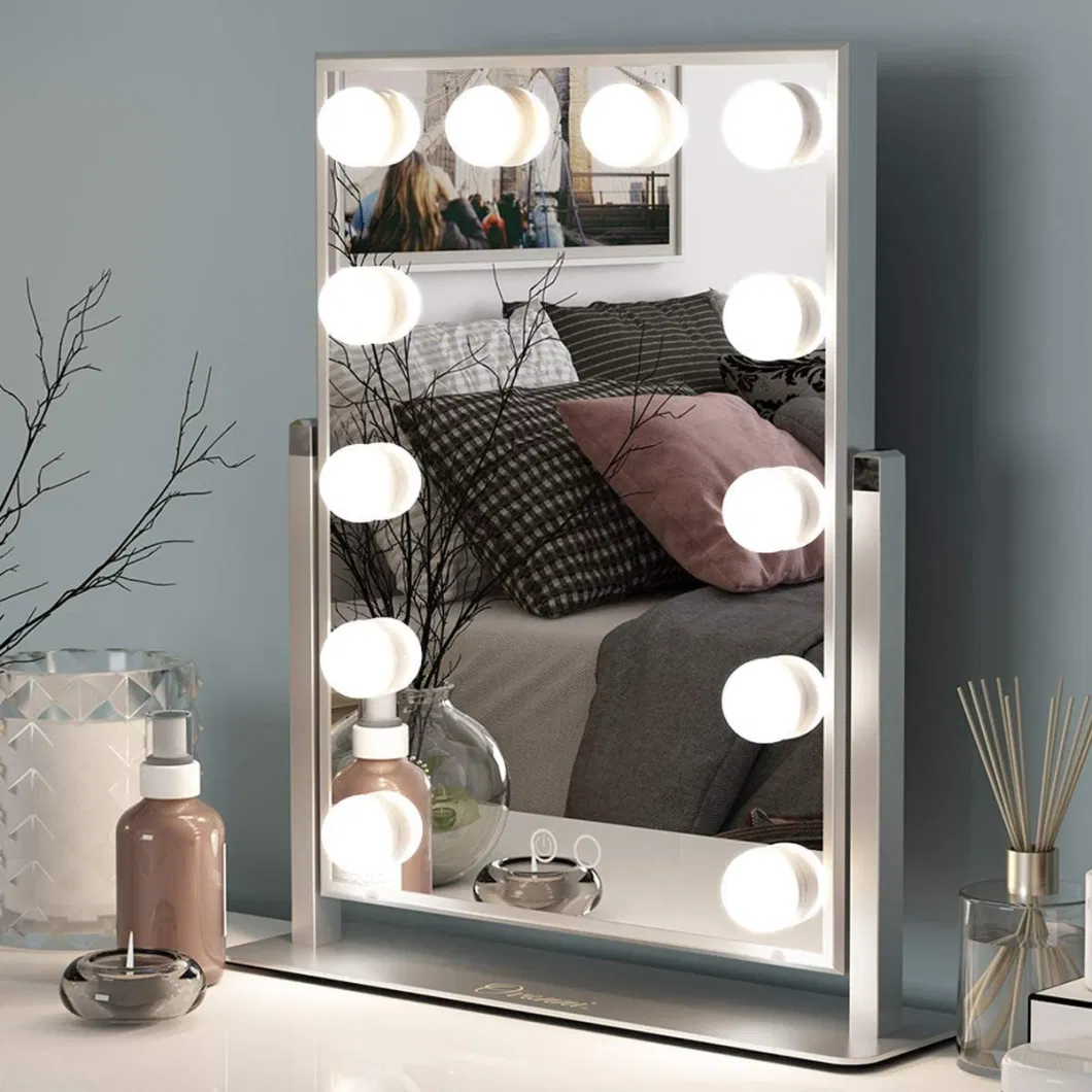 Ortonbath Vanity Table Makeup Hollywood Mirror Dimmable Light Touch Control 12 Cold/ Warm LED Lights, Makeup Organizer Brush Holder