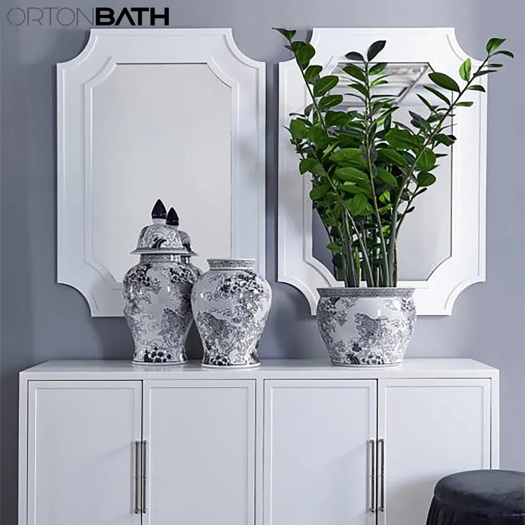 Ortonbath White Wood Framed Bath Decorating Antique Scalloped Decorative Home Smart Wall Mounted Non-LED Mirror Bathroom Designer Art Mirror