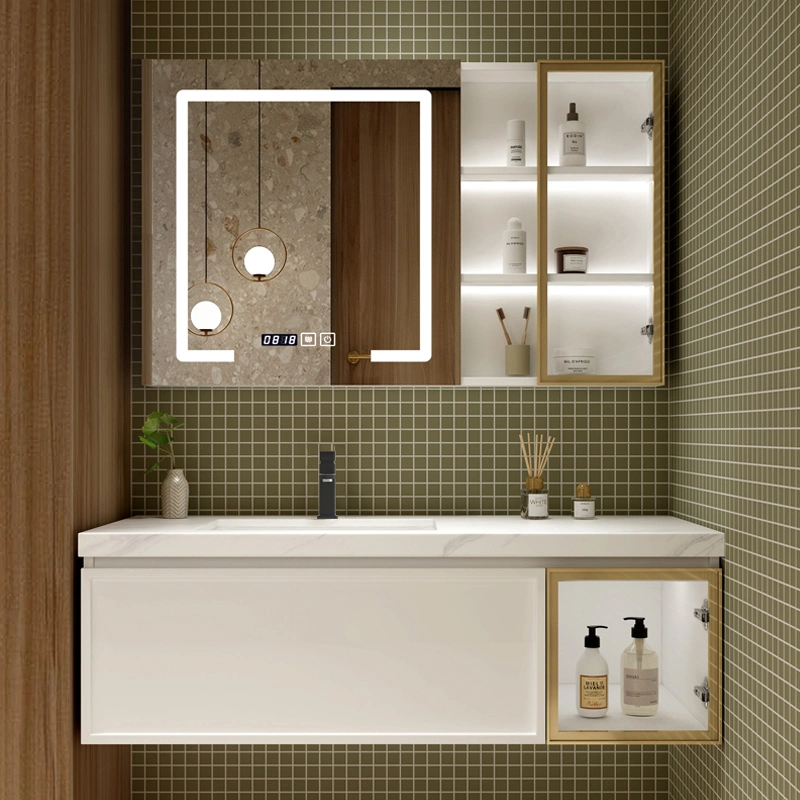 Modern Wall Mounted Melamine Plywood Wall Mounted Bathroom Vanity with Mirror Cabinet and Rock Plate Top in White