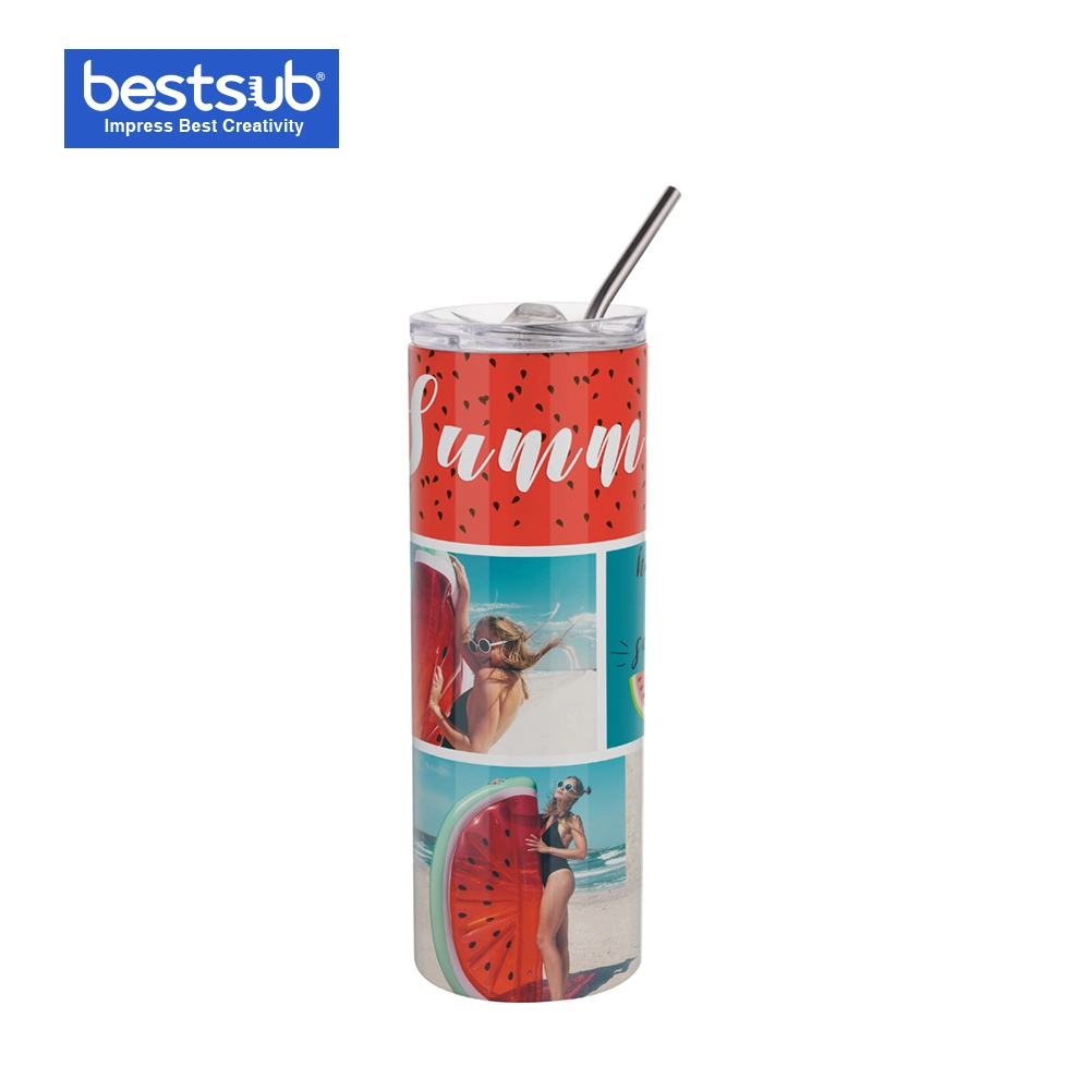 Bestsub Sublimation Wholesale 20oz/600ml Vacuum Flasks Water Coffee Mugs Bottles Stainless Steel Skinny Tumbler with Straw &amp; Lid (White)