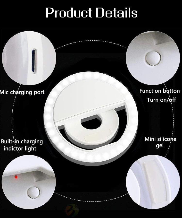 Brightenlux White Color Clip Phone Sefile Ring Lamp, 36PCS LED Round Shape Portable Rechargeable Photo Studio Mini Makeup Ring Light Fro Living Show