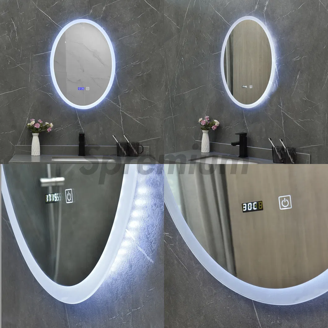 Defogging Contemporary Wall Electronic Miroir Smart Touch LED Bathroom Mirror Oval Frameless Backlit Mirrors with Digital Clock