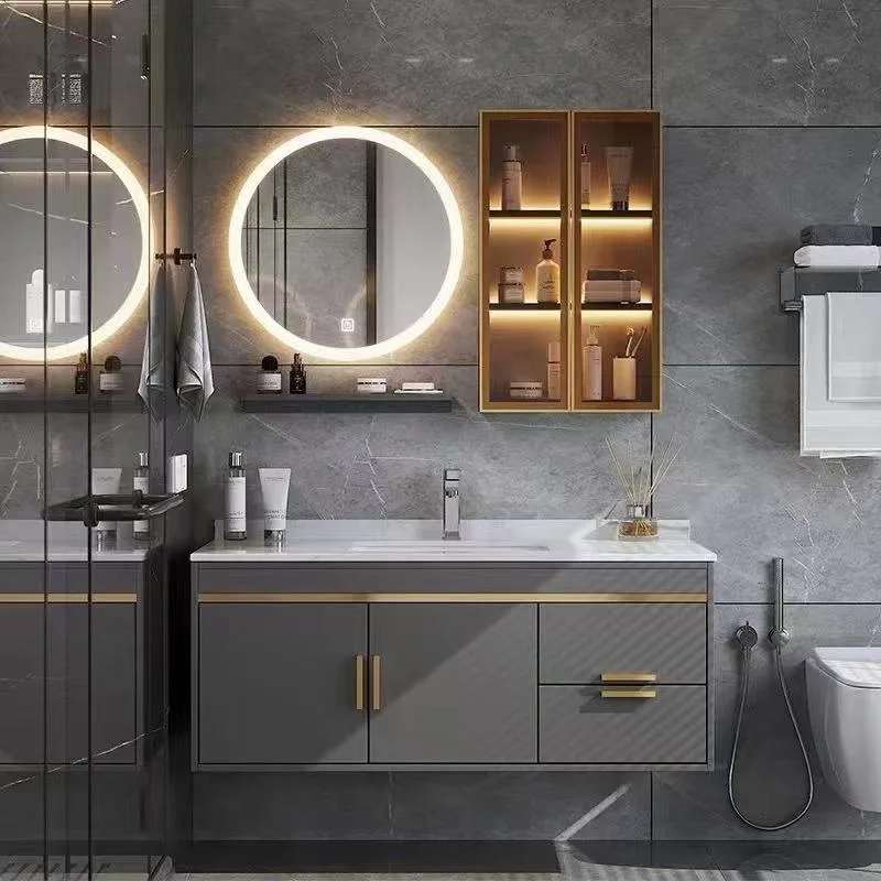 Rock Plate Bathroom Vanity Light Luxury Modern Simple Bathroom Furniture with LED Medicine Cabinet