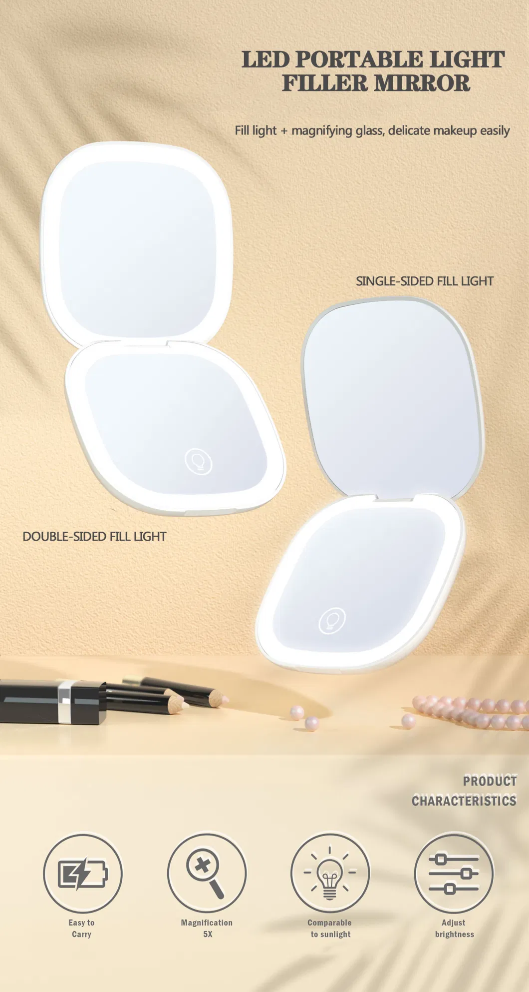 Pocket Double-Sided LED Light Portable Vanity Mirror 5X Magnifying 2-Face Makeup Cosmetic Makeup Mirrors