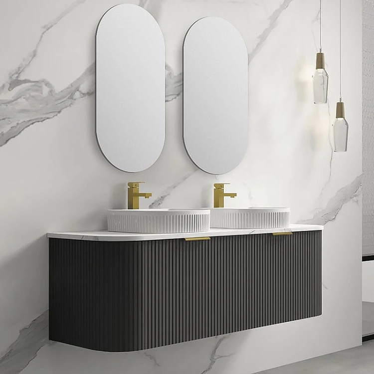 Modern Luxury Fluted Curved Double Sink Floating Cabinet Wall Mount Bathroom Vanity with Sink