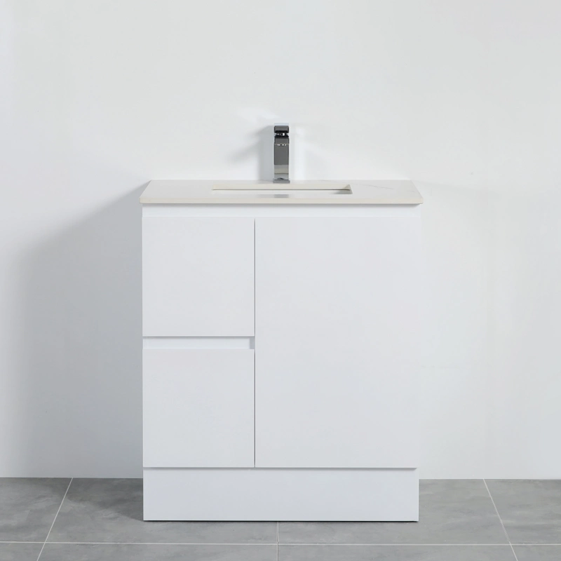 White Polyurethane PVC Freestanding Bathroom Vanity with One Door and Two Drawers