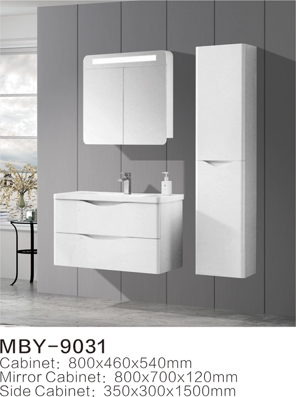 White Morden PVC Wall Hung Basin with Bathroom Cabinet with Glass Basin with LED Mirror