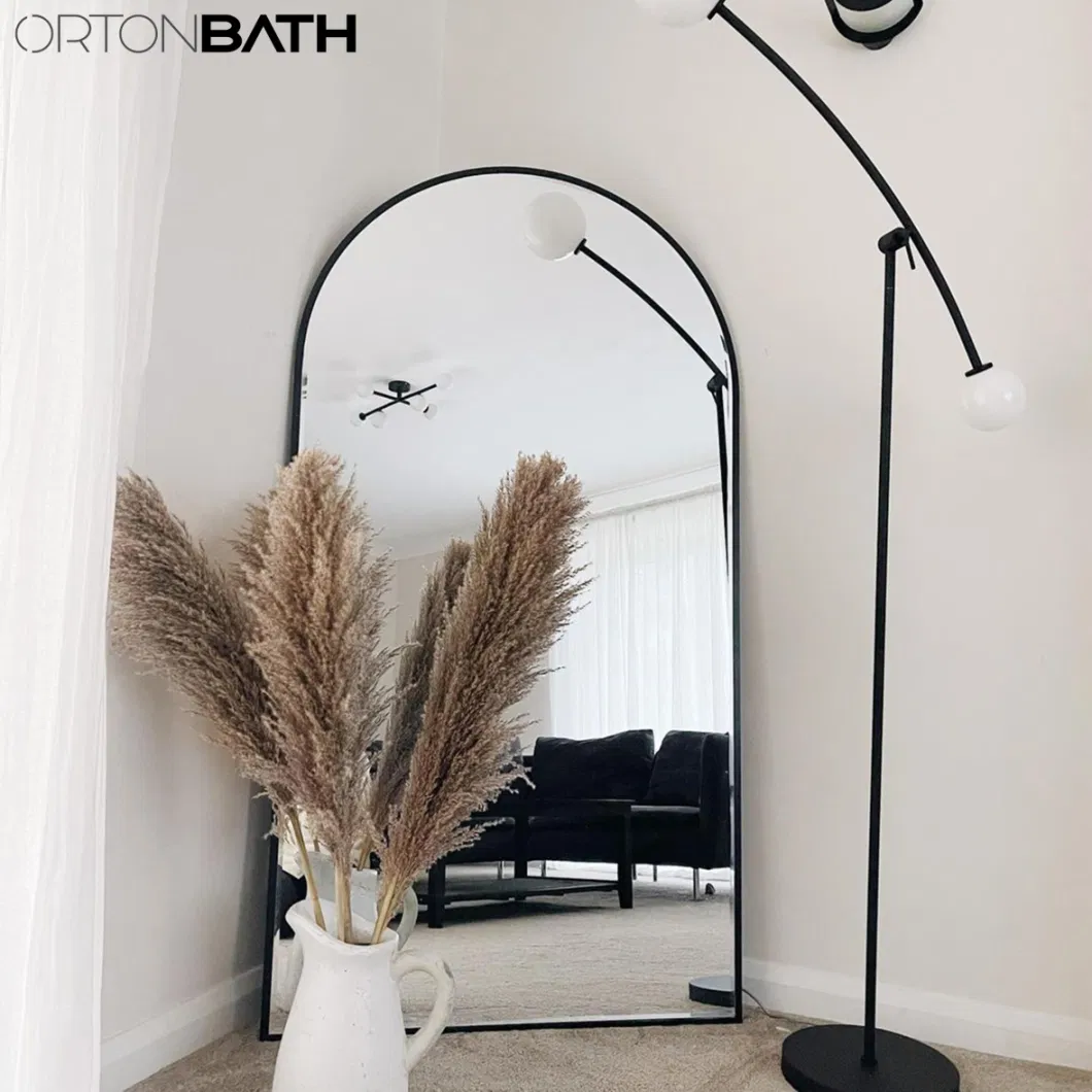 Ortonbath Full Length Floor Standing Mirror Floor Mirror, Standing Mirror Smooth Rectangle Mirror, Large Arched Black Metal Framed Mirror with Support