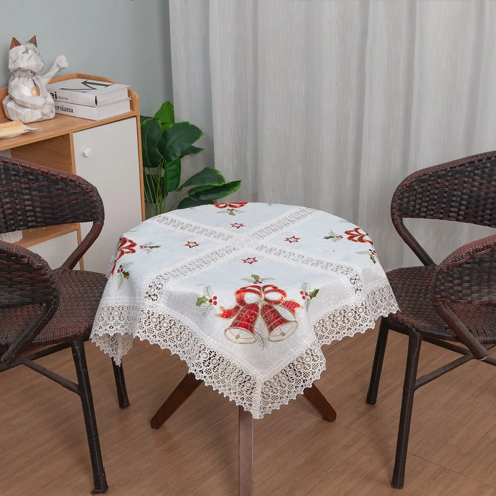 Square Type Hot Sale Pastoral Style 100% Polyester White Embroidery Christmas Table Cloths