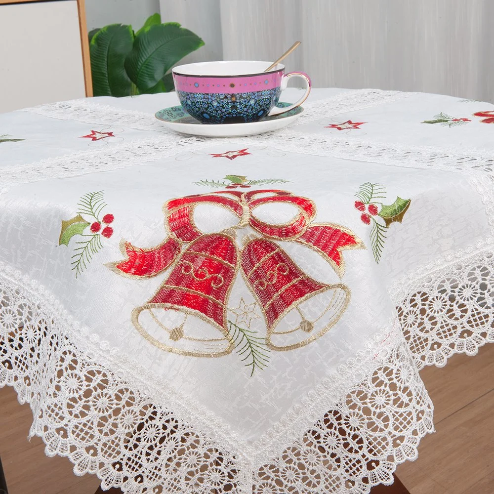 Square Type Hot Sale Pastoral Style 100% Polyester White Embroidery Christmas Table Cloths