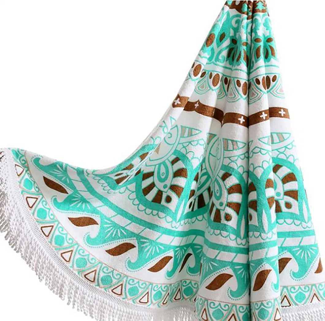 100% Polyester Microfiber Warp Knitted Beach Towels with Round Shape and Decoration Microfiber Tassels Fixed, Printed and Dyed with Particular Artwork