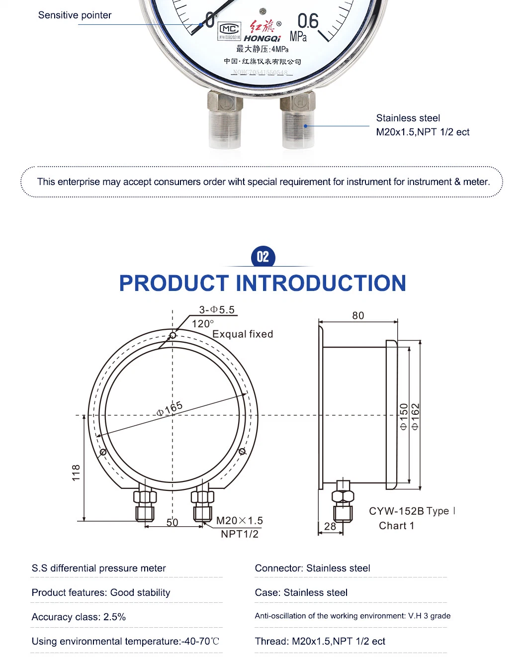 Cyw-150b Series Differential Pressure Gauge with UV Scale Mark M20X1, 5 Thread