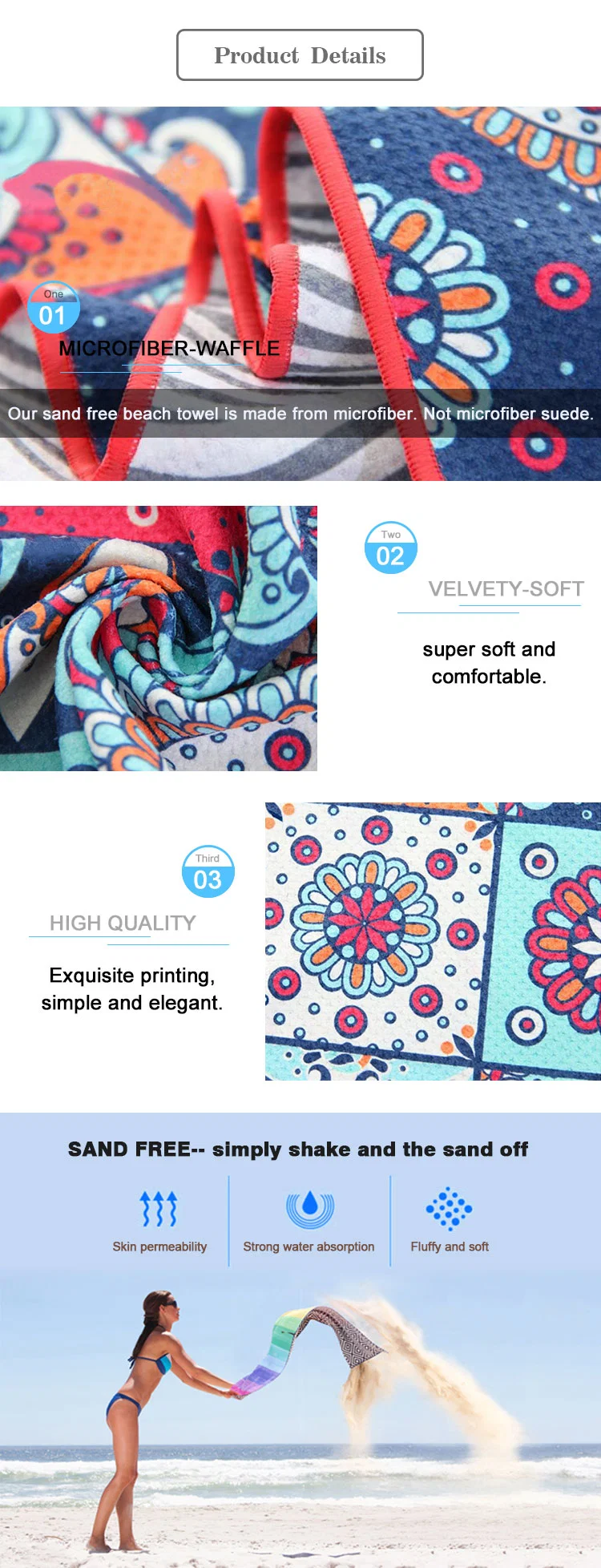 Wholesale Fashion Colorful Woven 100% Microfiber Terry Summer Mandala Swim Beach Bath Sand Free Towel