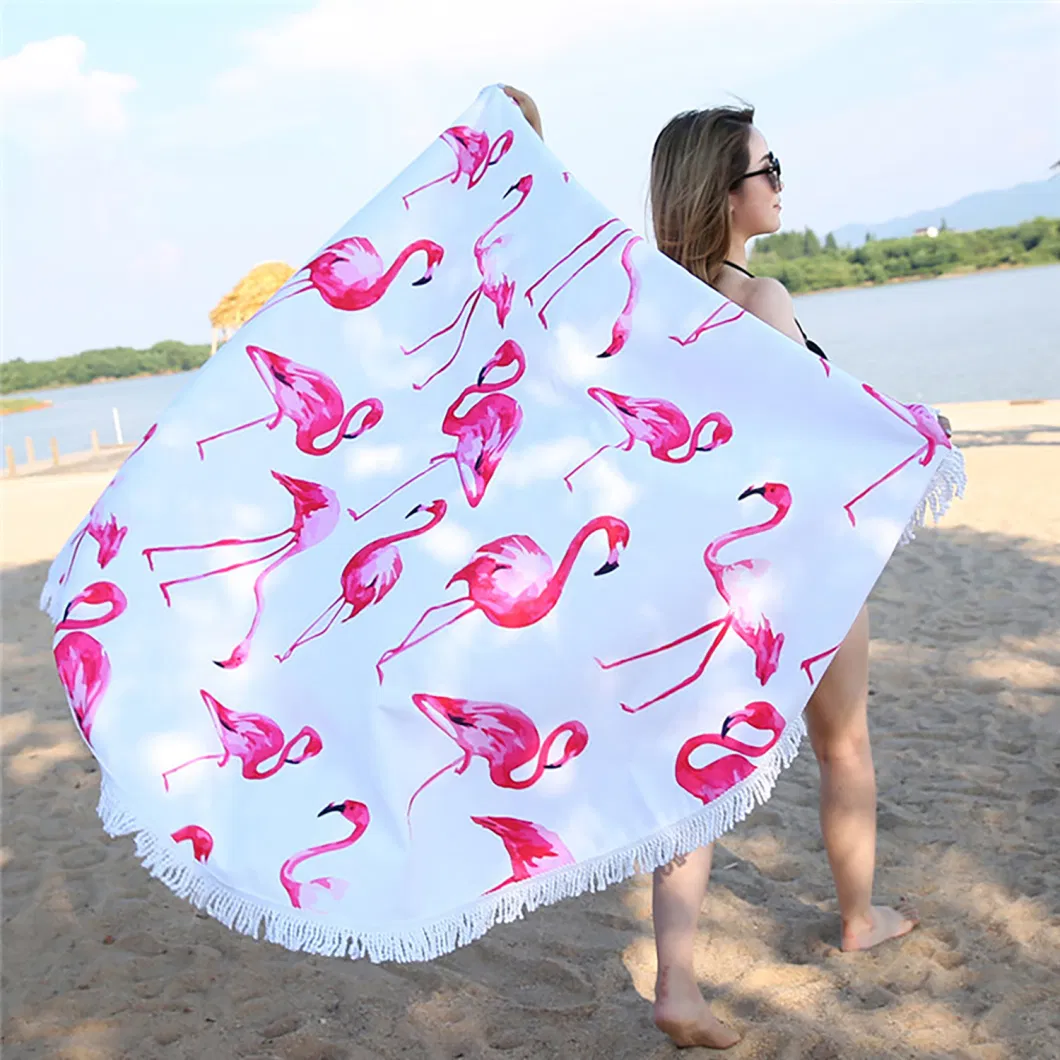 100% Polyester Microfiber Warp Knitted Beach Towels with Round Shape and Decoration Microfiber Tassels Fixed, Printed and Dyed with Particular Artwork