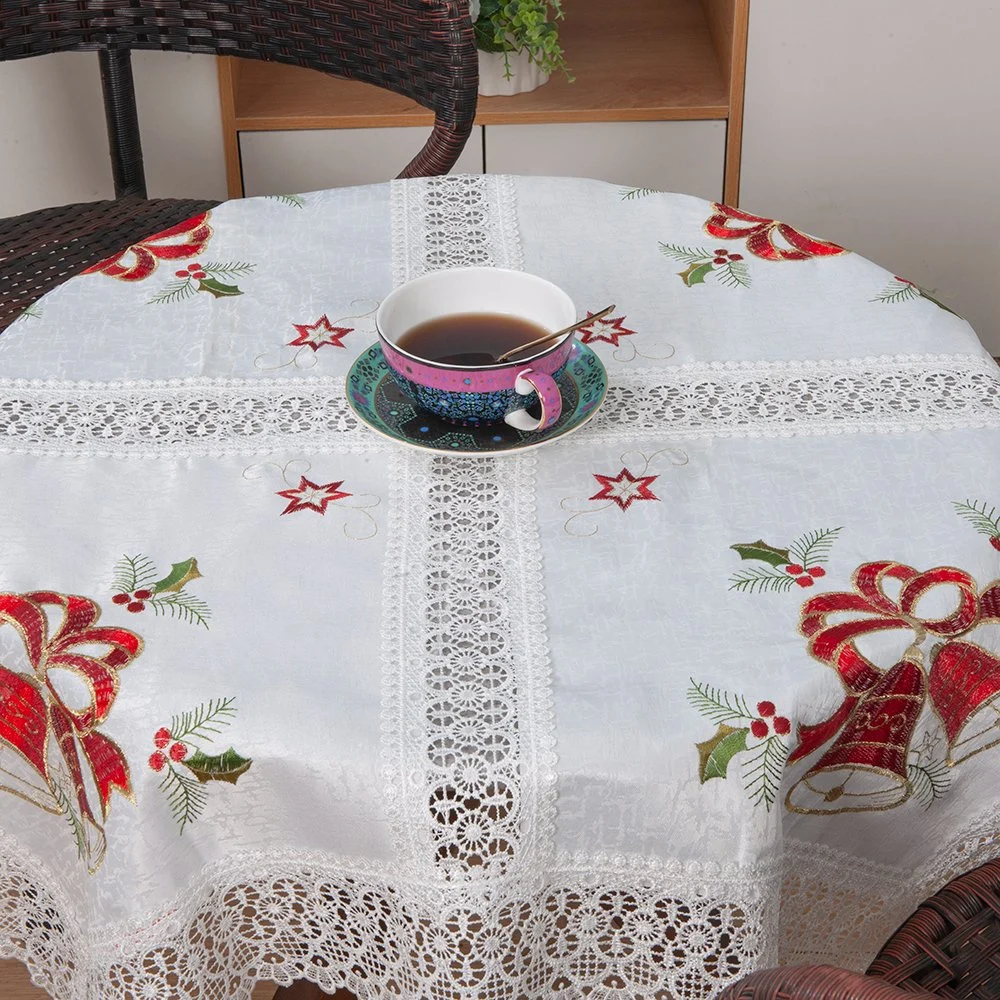 Square Type Hot Sale Pastoral Style 100% Polyester White Embroidery Christmas Table Cloths